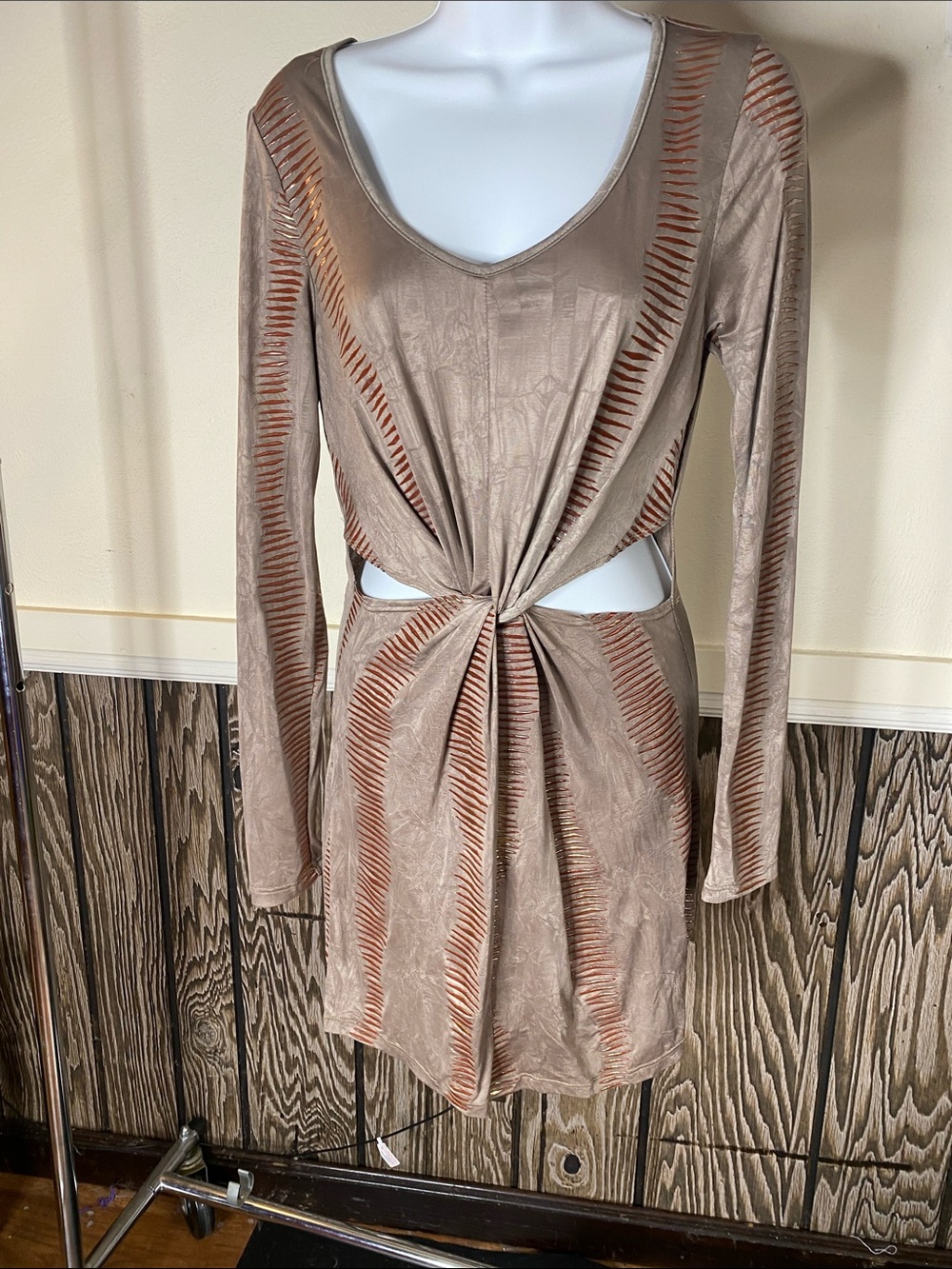 Staring at Stars Taupe Twist Front Long Sleeve Cutout Dress